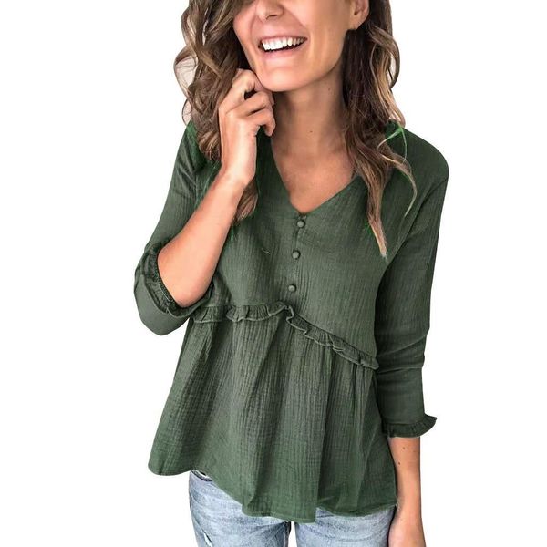

womens and blouses casual v- neck sleeve solid color shirt women button ruffled flounce blouse women ropa mujer 2019, White