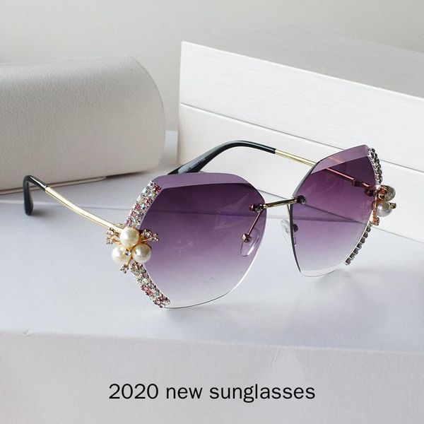 

luxury gray brown sunglasses women new rhinestone luxury designer diamond gradual rimless pearl sun glasses female shades, White;black