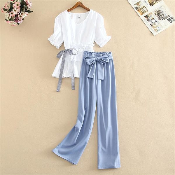 

fashion 2021 summer new two piece sets women ruched ruffles bow tie white puff sleeve shirt loose tie up wide leg pants, Gray