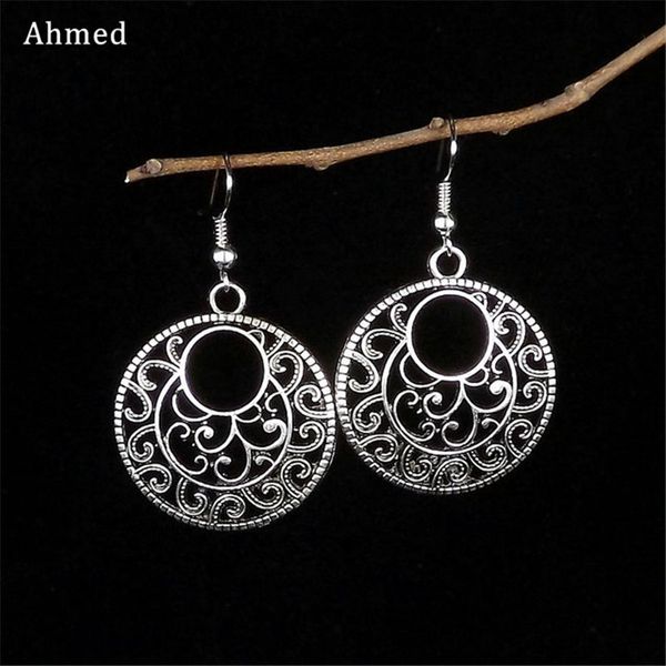 

luxury- ahmed fashion bohemia vintage antique statement 2018 women earrings ethnic tibetan hollow flower dangle jewelry wholesale, Silver