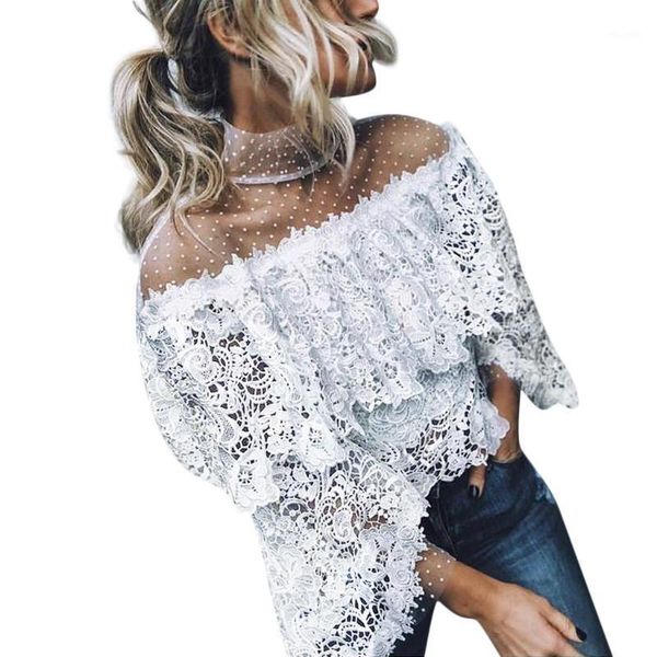 

feitong women blouses spring summer flare sleeve shirts printed point blouses women clothing feminine blusas plus size1, White