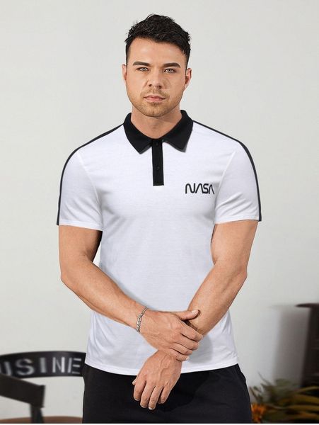 

men letter graphic contrast collar polo shirt h3gt#, White;black