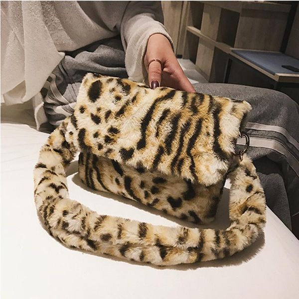 

hisuely new women winter faux fur shoulder bag handbag lady leopard print handbag female party small girls tote christmas gift