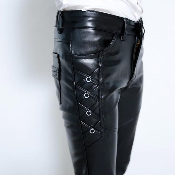 

2020 young men with thick leather pants cultivate one's morality foot trousers fashion pu leather pants1, Black