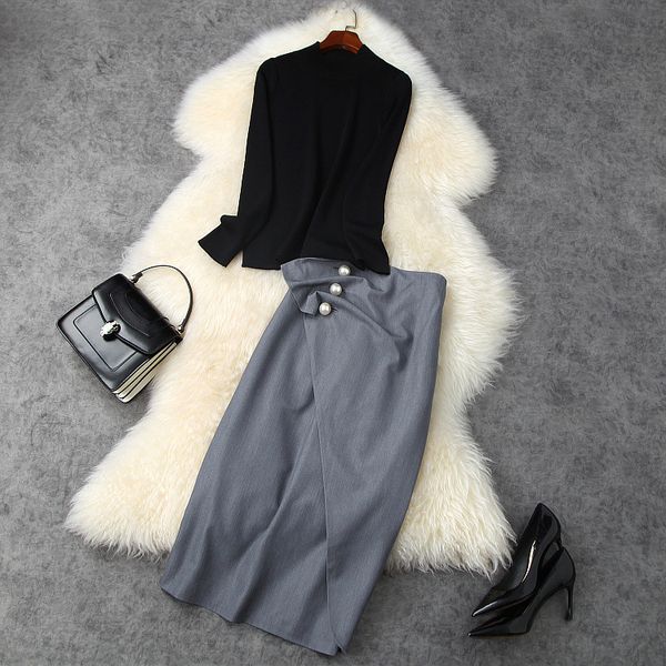 

european and american women's wear 2020 winter new style long - sleeved black sweater beaded irregular skirt fashion suits, White