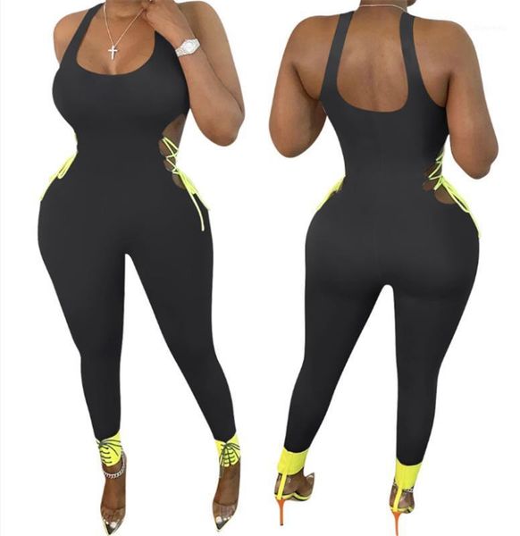 

yoga outfits women sleeveless bodycon jumpsuit solid color waist hollow bandage skinny romper female sport suit set s-2xl1, White;red