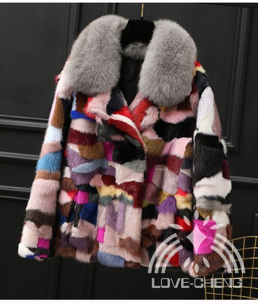 

women's fashion new natural real genuine mink coat with fox fur multi-color colorfull jacket english collar, Black