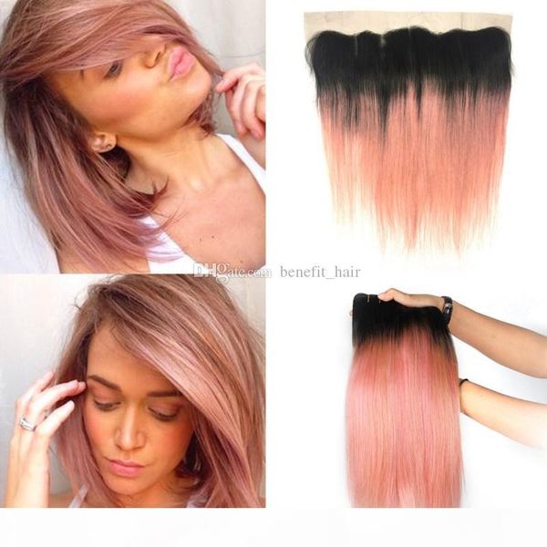 

ombre 1b rose gold silky straight human hair bundles with lace frontal two tone ombre pink frontal with brazilian virgin hair extension, Black