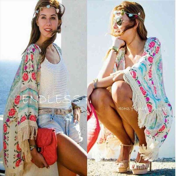 

women fringed tassel shawl cape beach ladies cover up loose blouse floral shirt, White