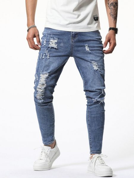 

men ripped cat scratch skinny jeans 278i#, Blue