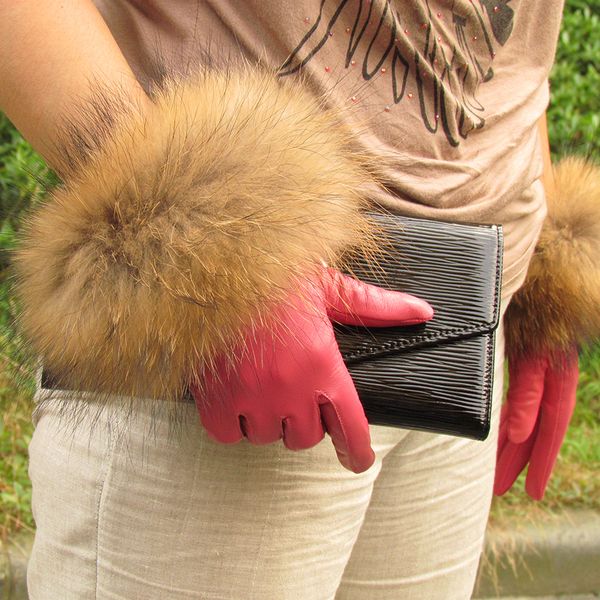 

real raccoon fur gloves women' genuine leather gloves fox fur big raccoon fur sheepskin gloves female winter velvet warm touch 201020, Blue;gray