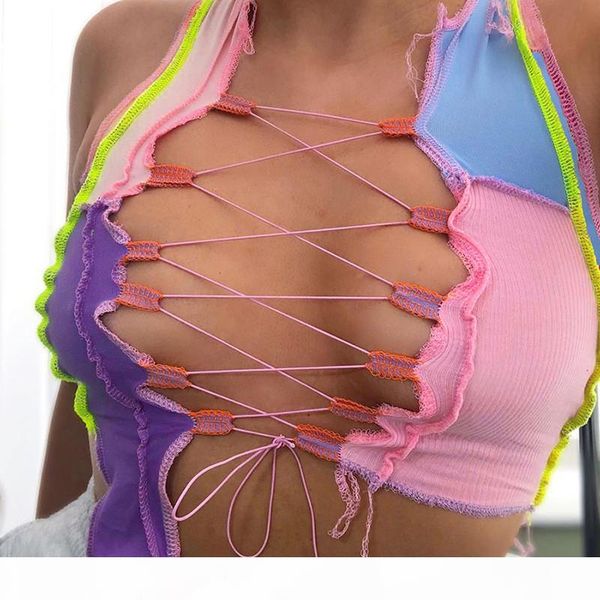 

женщины лоскутная асимметричный top 2020 летняя мода узелок tie front crop tops bodycon выдалбливают sexy hot club танки, White