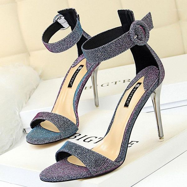 

2020 fashion women gold crystal ankle strap sandals 9.5cm extreme high heels sandals blue bling glitter drag shoes1, Black