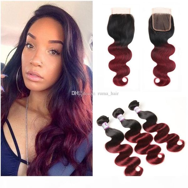

dark root black to burgundy body wave human hair bundle with lace closure peruvian virgin unprocess hair 3pcs with closure part, Black;brown