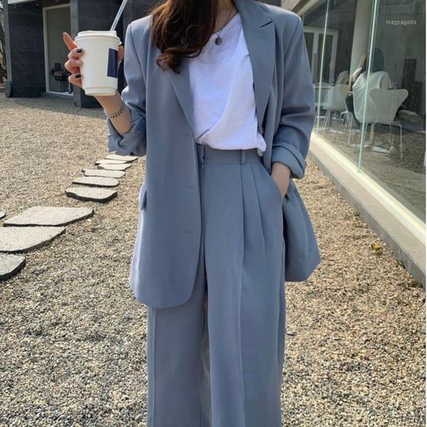 

bornladies korean casual two piece set women outfits long sleeve blazer coat + high waist wide leg pants suits 2 piece set1, Gray