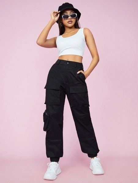 

flap pocket high waist cargo pants c39d#, Black;white