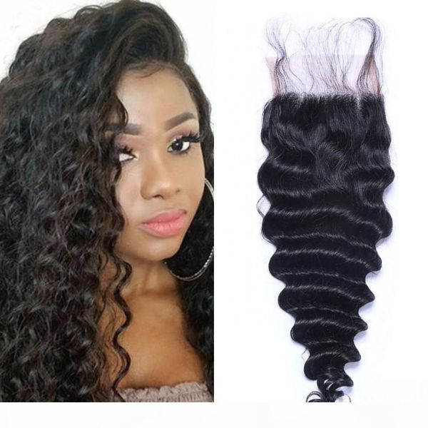 

cambodian virgin hair closure 4x4 deep wave human hair closure swiss lace with bleached knots 8-20 inch, Black;brown