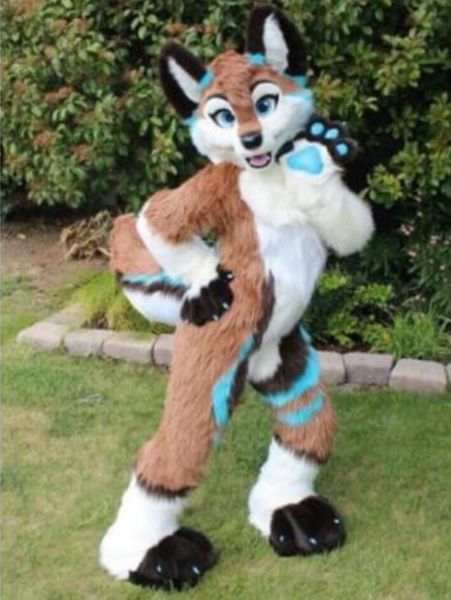 

2021 professional made halloween long fur husky dog fox fursuit mascot costume, Red;yellow