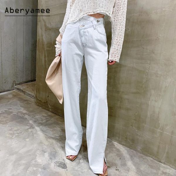 

women's jeans aberyamee women's casual trousers with high waist spilt femme oblique buckle floor length solid straight leg pants1, Blue