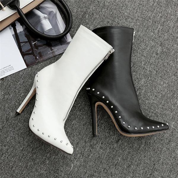 

fashion women 11.5cm high ankle rivets fetish sock stiletto heels boots studded scarpins white stripper shoes y200115, Black