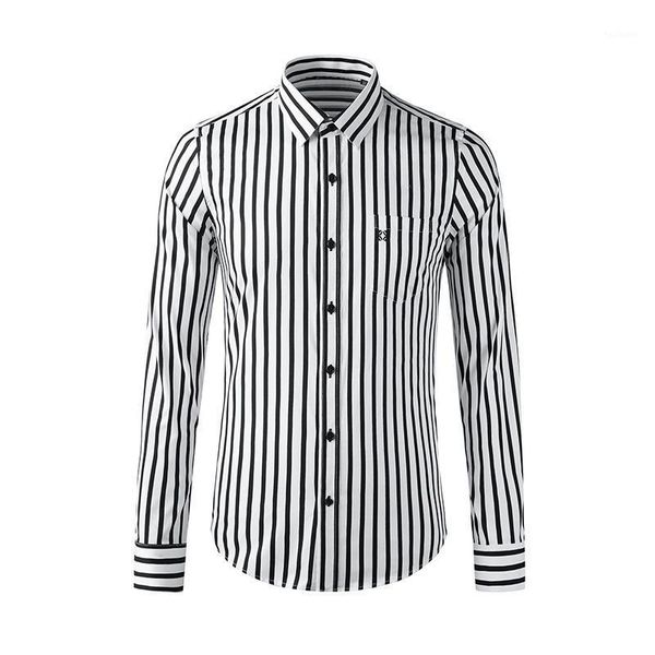 

high-end black and white striped yarn-dyed printed pocket pattern embroidery long-sleeved men's casual long-sleeved slim shirt1, White;black