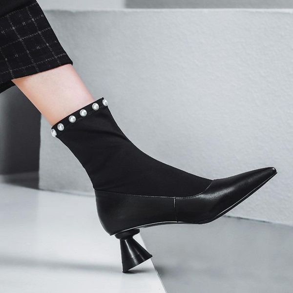 

boots elegant pearl embellished high heel pointed toe slim fit knitted sock autumn dress shoes women, Black
