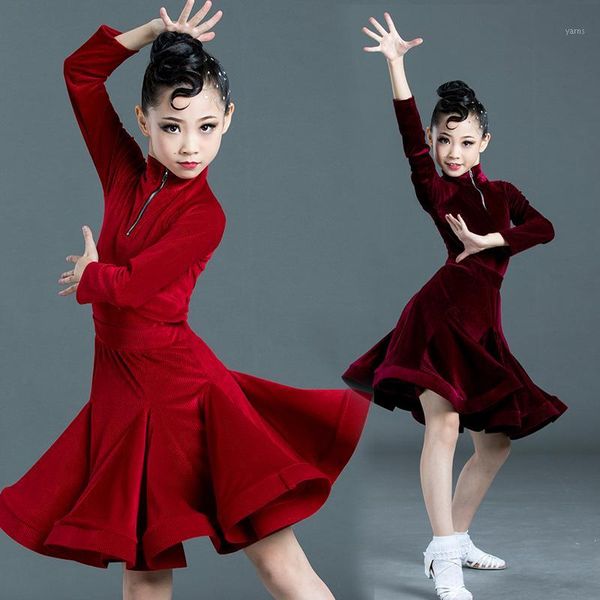 

children dance dress cha cha competition clothing girls red dress classical style performance suit latin dance skirts 34271, Black;red
