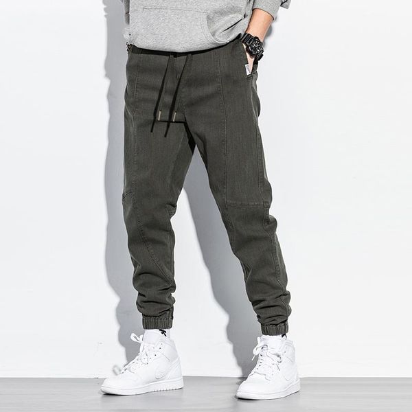 

japanese style fashion men jeans green loose fit spliced designer casual cargo pants hombre streetwear hip hop joggers trousers, Blue