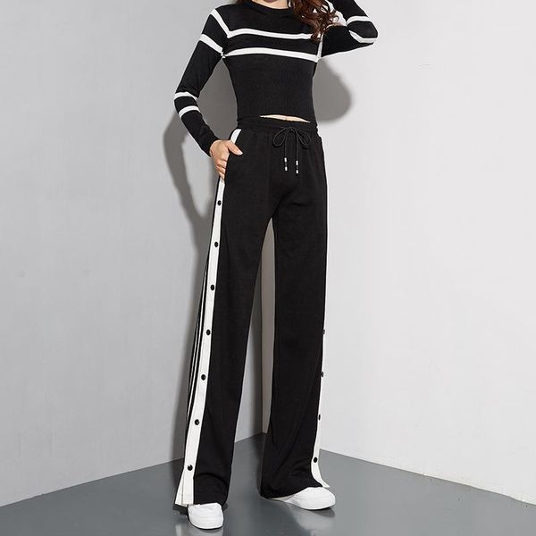 

spring 2020 new loose european wide-leg pants casual long button trousers1, Black;white