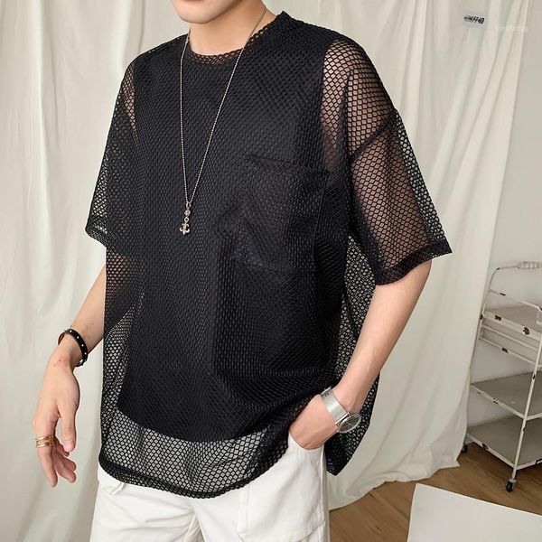 

men summer 2 pcs sets short sleeve mesh tees shirts tank male streetwear loose hip hop gothic t-shirts stage clothing1, White;black