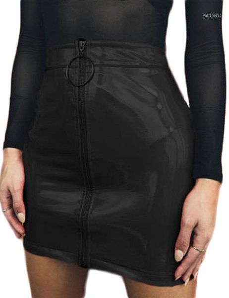 

women's high waist leather mini skirt solid color zipper flared pleated skirt sexy1, Black