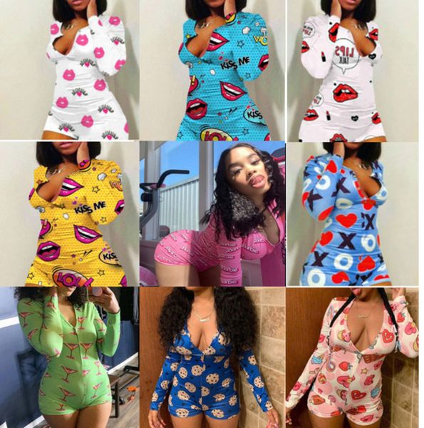 

women pajama onesies long sleeve nightwear playsuit workout button skinny print jumpsuits v-neck short rompers a225, Black;white