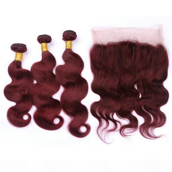 

99j wine red 360 full lace band frontal closure 22.5x4x2 with 3bundles virgin malaysian body wave burgundy human hair weaves 4pcs lot, Black