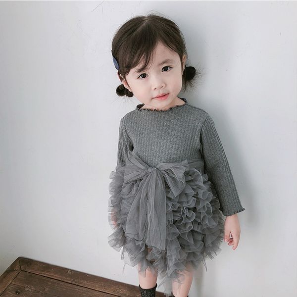 

2021 spring new girls dresses fake two pieces solid color long sleeve waffle + bow tutu princess dresses kids clothes e8002, Red;yellow