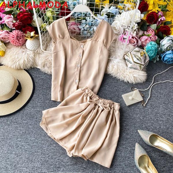 

alphalmoda women's fashion suit square collar blouse shirt + short 2pcs chiffon set summer casual style clothes set1, White