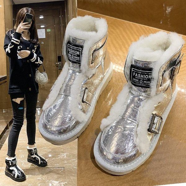 

winter snow boots women's shiny fashion casual flat boots plus velvet warm low-cut solid color all-match women's, Black