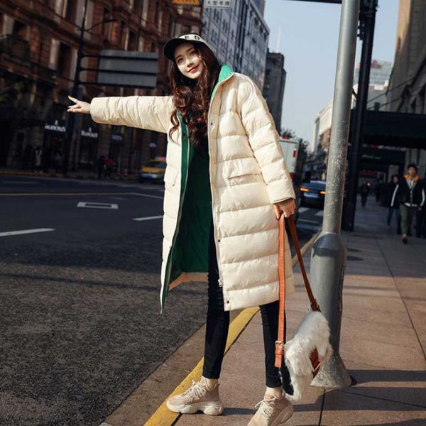 

2020 new style light down jacket medium and long style loose over knee women coat korean version fashion hoodless lady clothes, Black