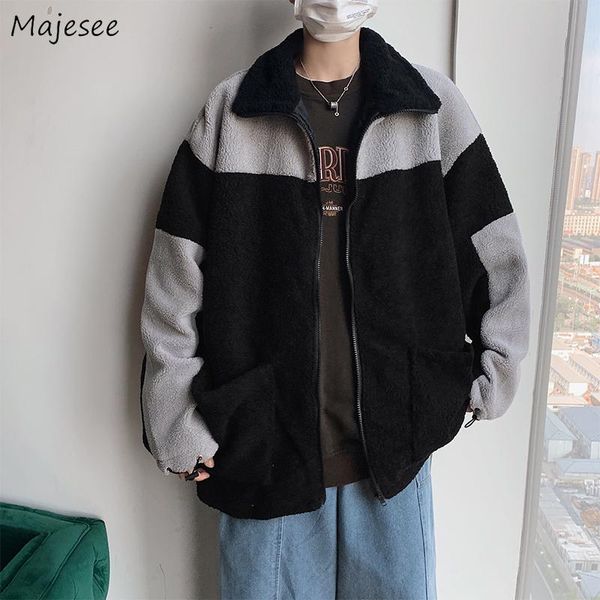 

men parkas winter fleece lambswool couple baggy mens jacket coat fashion ulzzang ins all-match preppy daily teens warm bf, Black
