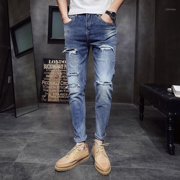 

men's jeans fashion ripped men patchwork hollow out cropped pants man cowboys denim male slim hole casual trousers1, Blue