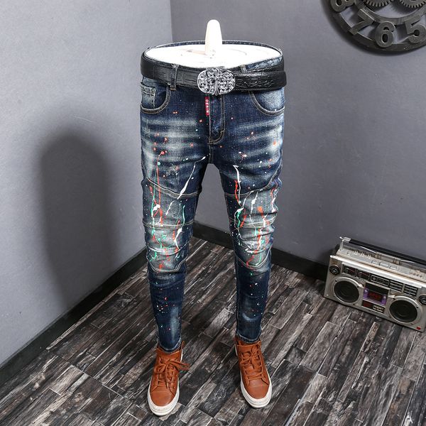 

2021 new fashion streetwear men jeans elastic slim fit painted designer hip hop trousers spliced patchwork biker pants homme oy, Blue