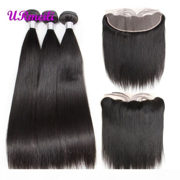 

urmeili straight bundles with frontal 10a brazilian virgin hair 3 4 bundles with closures straight human hair bundles with 13x4 lace frontal, Black;brown