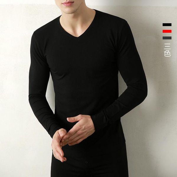 

thermal underwear men thin solid color modal youth thermal underwear v-neck non-side-slit men's base set, Black;white
