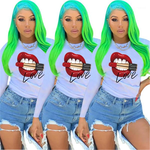 

occident trend loose long sleeve designer female new round neck casual tees tshirts ladies lips printing t-shirts fashion, White