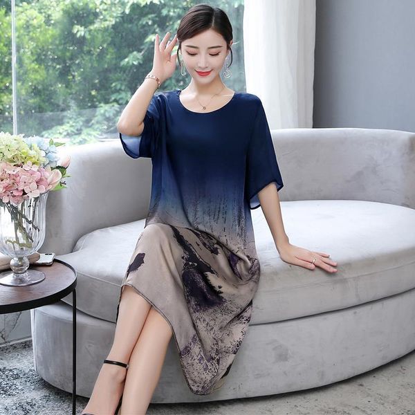 

new 2020 летние женщины платье свободно плюс размер дамы печать имитация шелкового платья высокое качество женской винтажной партии халат ve, Black;gray