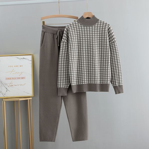 

2021 new houndstooth knit women sweater costume thick turtleneck winter oversized casual loose pullover sweaters 2 pieces sets 97nw, White;black