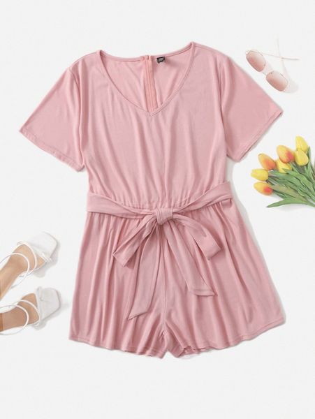 

plus solid zip back belted romper m3el#, Black