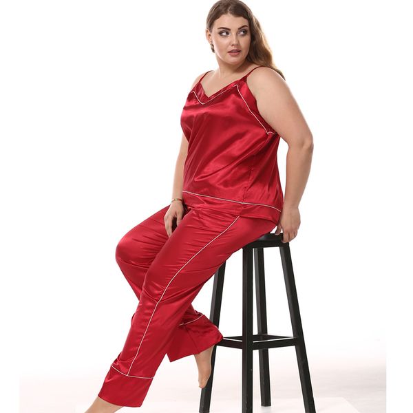 

v-neck cami+pants pajama pijama set women 2pcs sleepwear rayon satin nightwear suit large size l-xxxl lounge home wear, Black;red