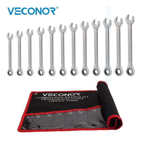 

12pcs ratchet key wrench tool set 8-19mm spanner wrenches dull polished 72t with storage pouch car repair tool ratchet set