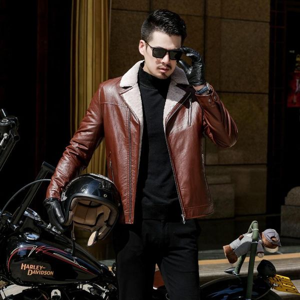 

кожаные куртки зимы plus velvet сгущает теплый biker jacket моды костюм воротник коротышка искусственного меха пальто марка одежды, Black