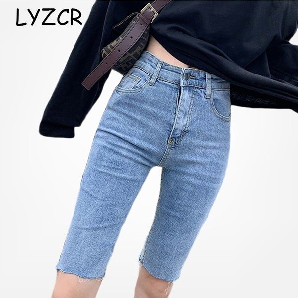 

lyzcr high waist summer capris jeans women black skinny bermuda jeans woman knee length denim pencil pants jeans capri 201029, Blue